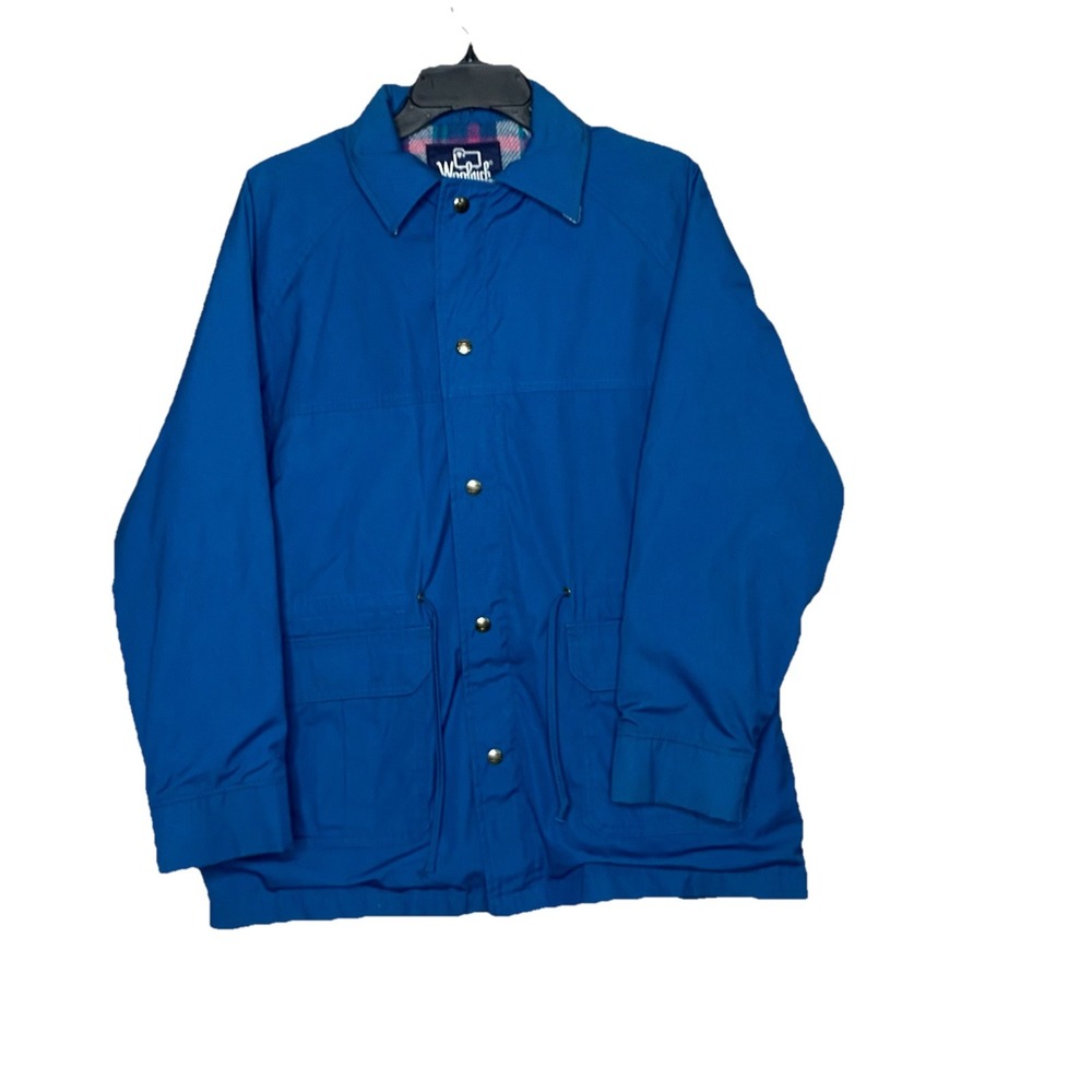 VTG Woolrich Cobalt Blue Nylon Plaid‎ Wool Lined Snap Zip Jacket Coat Women Sz L
